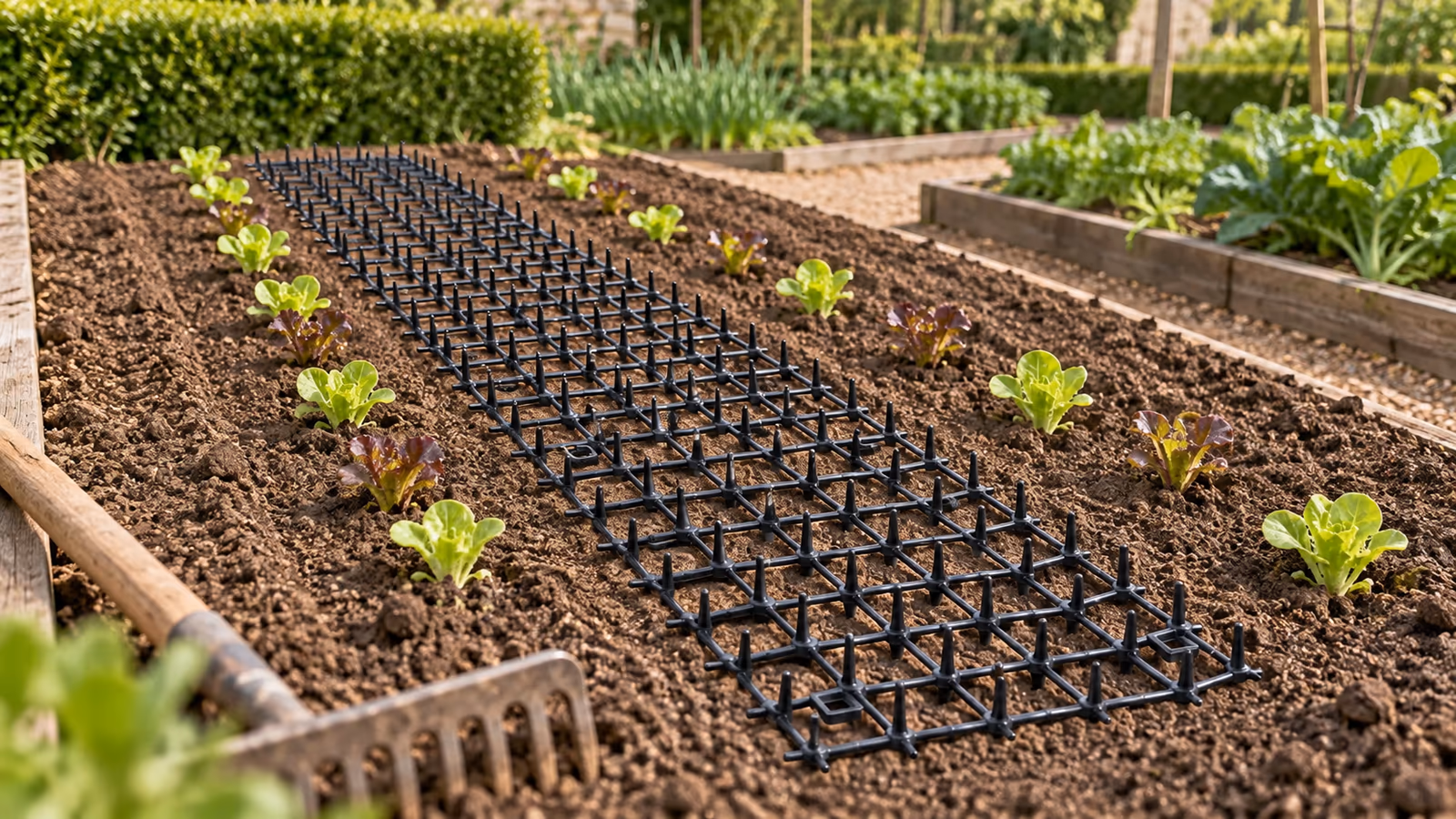 Planche de potager fraîchement ratissée au printemps, bande noire à picots déroulée à plat sur la terre nue entre deux rangs de jeunes plants