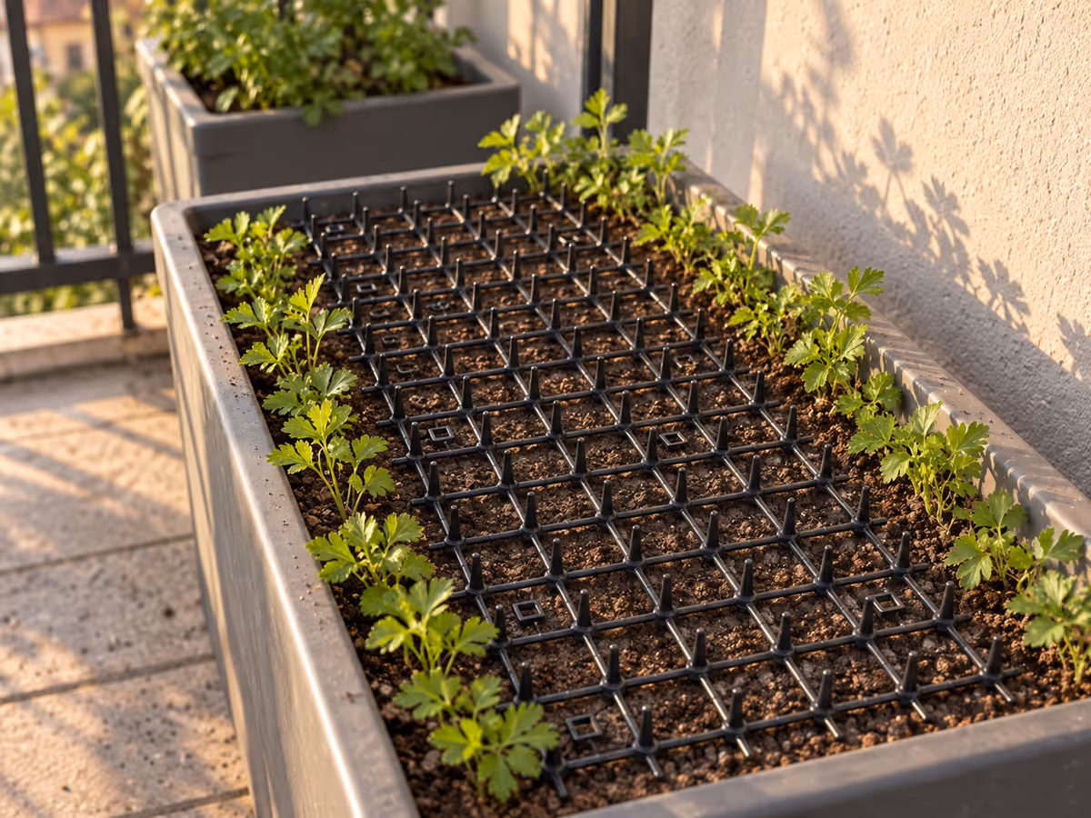 Bande noire à picots posée à plat sur le terreau d'une jardinière de balcon, jeunes plants de persil autour, lumière de fin d'après-midi