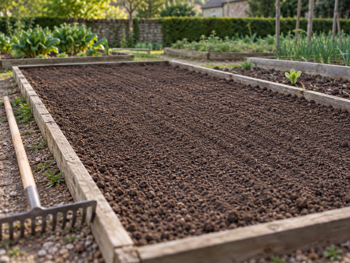 Planche de potager ratissée au printemps, terre fine et plane, râteau posé sur le côté et jeune plant isolé au fond