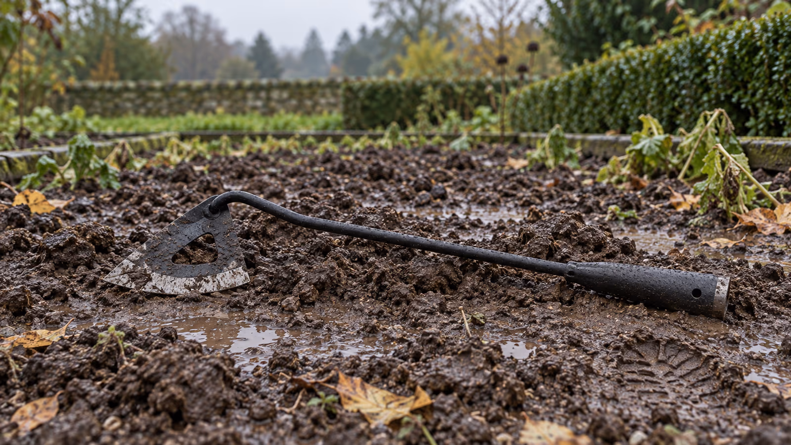Planche de potager en octobre après la pluie, terre sombre et humide, une binette posée à plat sur le sol mouillé
