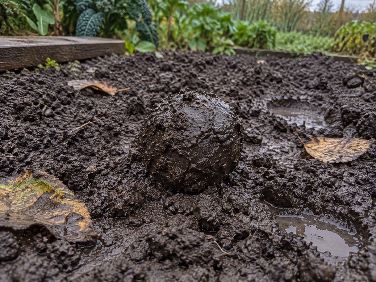 Motte de terre sombre formée en boule, posée sur la terre d'une planche de potager après une pluie d'octobre