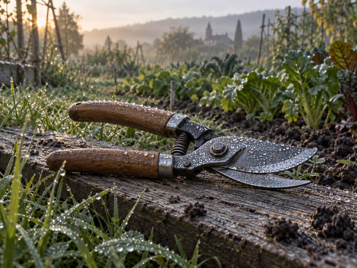 Sécateur posé sur une planche de bois au petit matin, fines gouttelettes de rosée sur la lame, herbe humide autour