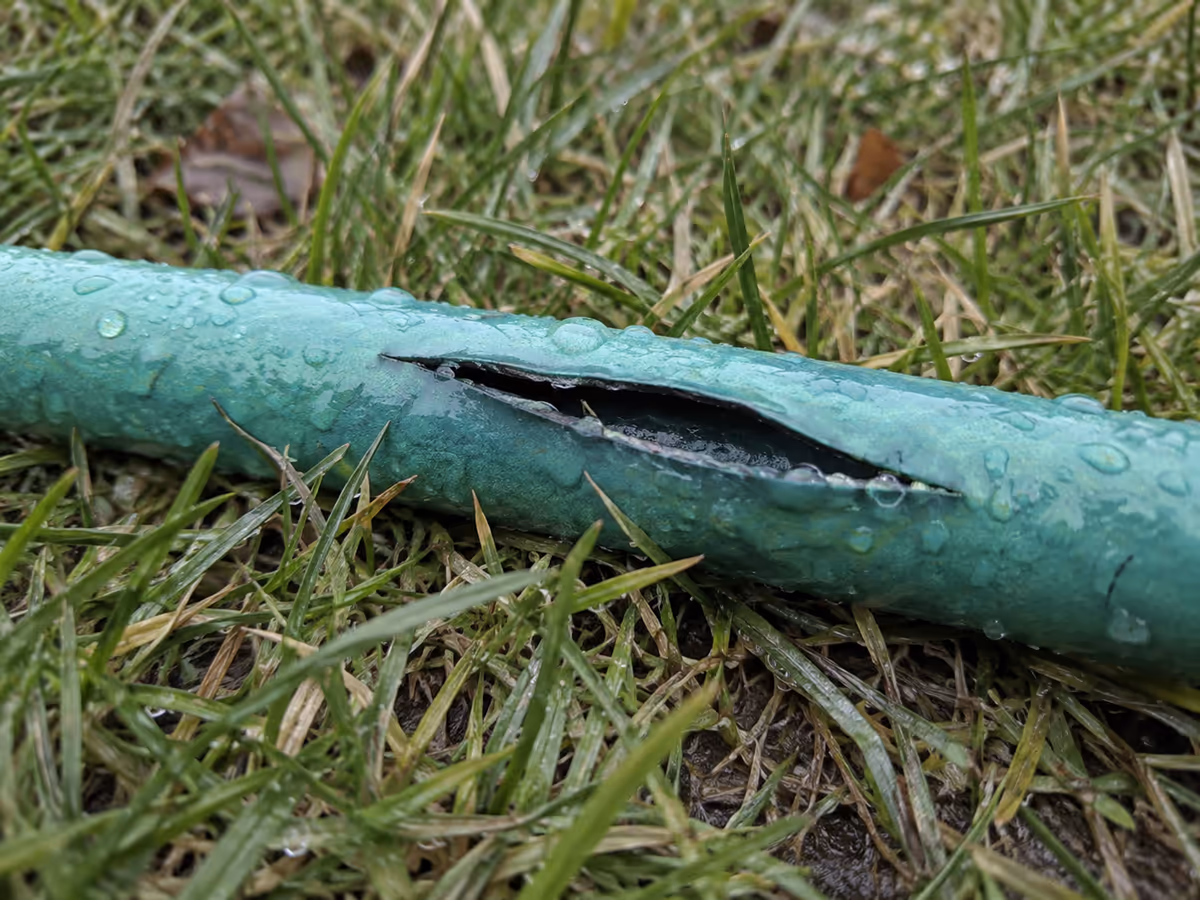 Gros plan sur une fente longitudinale dans un tuyau d'arrosage vert clair posé sur l'herbe humide