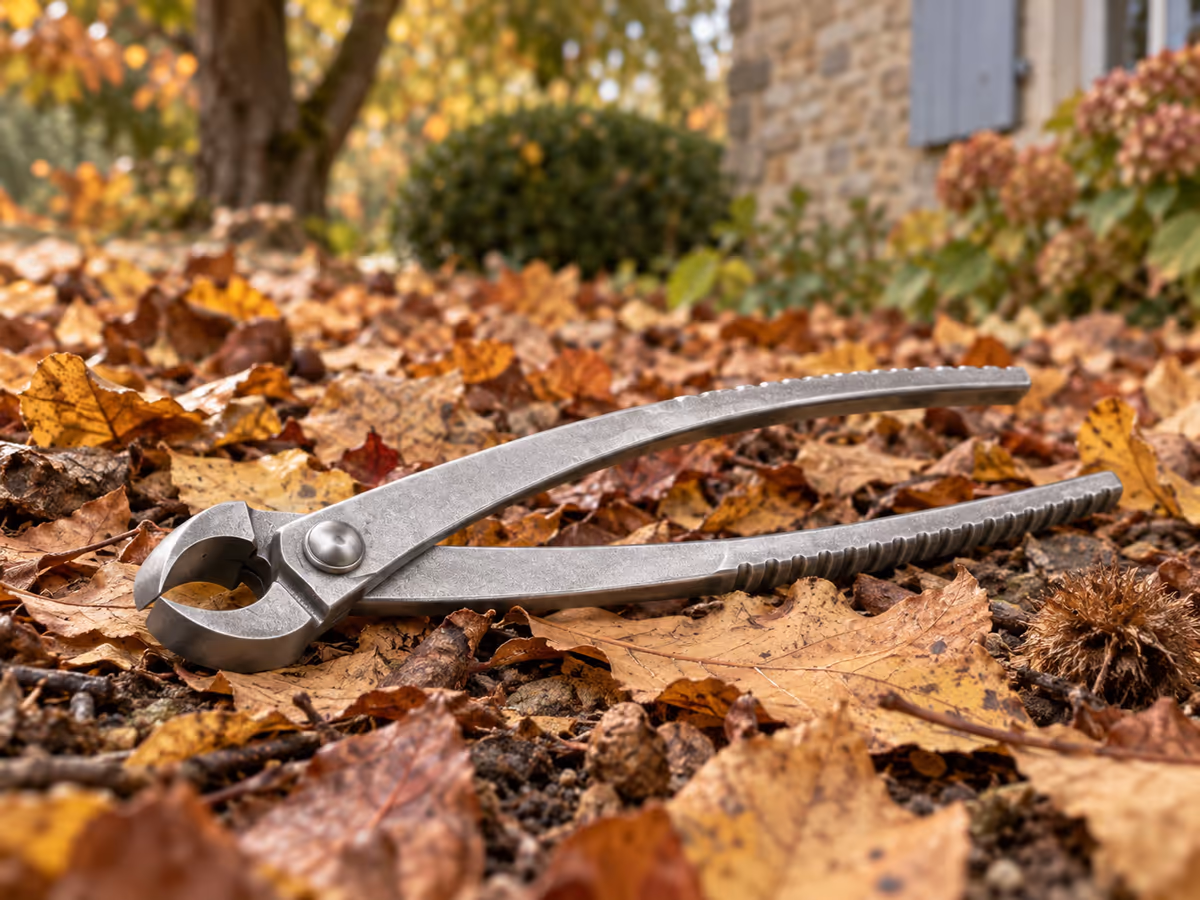 Outil à main rangé à l'abri au milieu des feuilles mortes d'automne