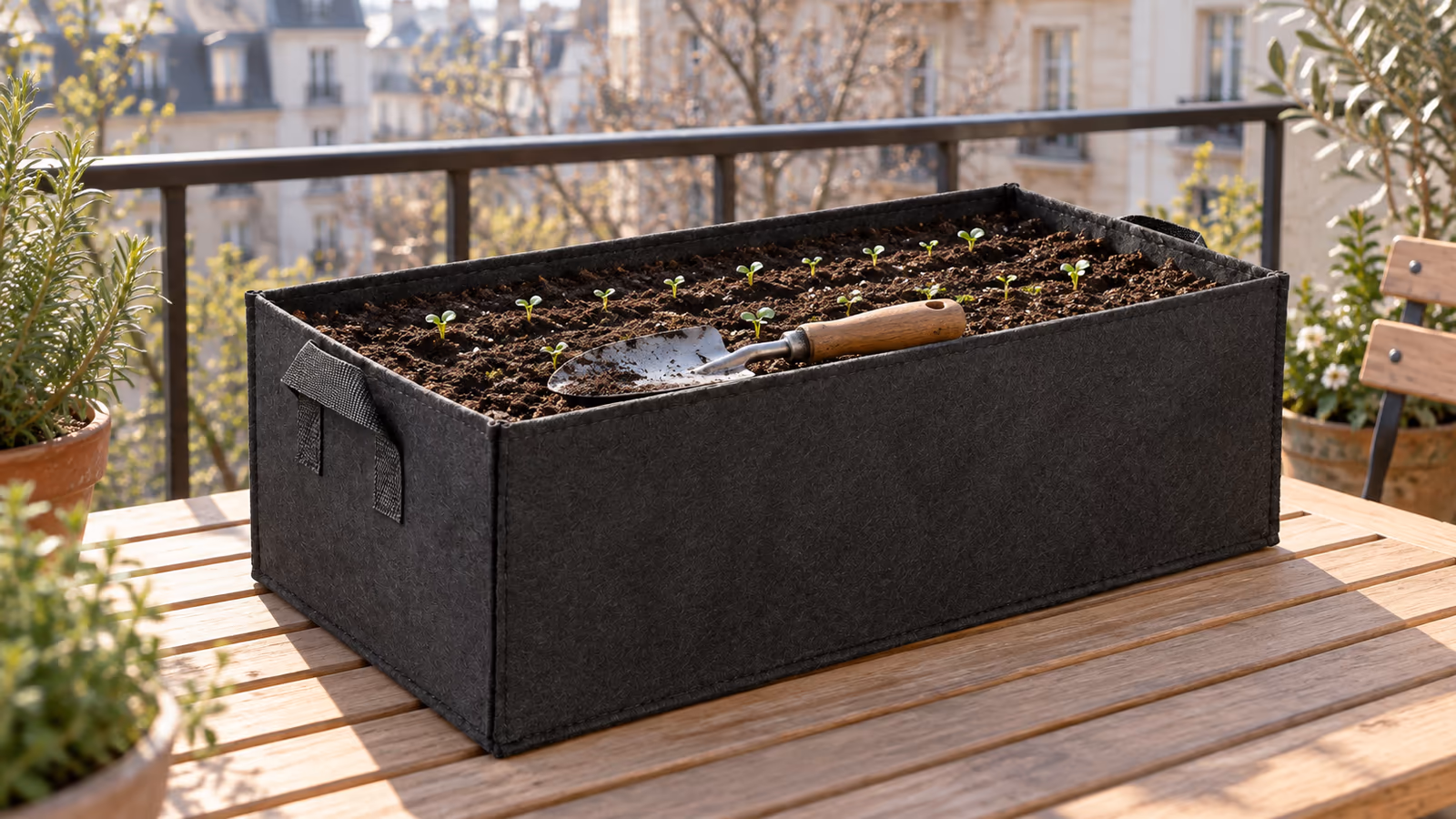 Bac de culture en tissu noir rempli de terreau semé, une petite truelle posée à la surface