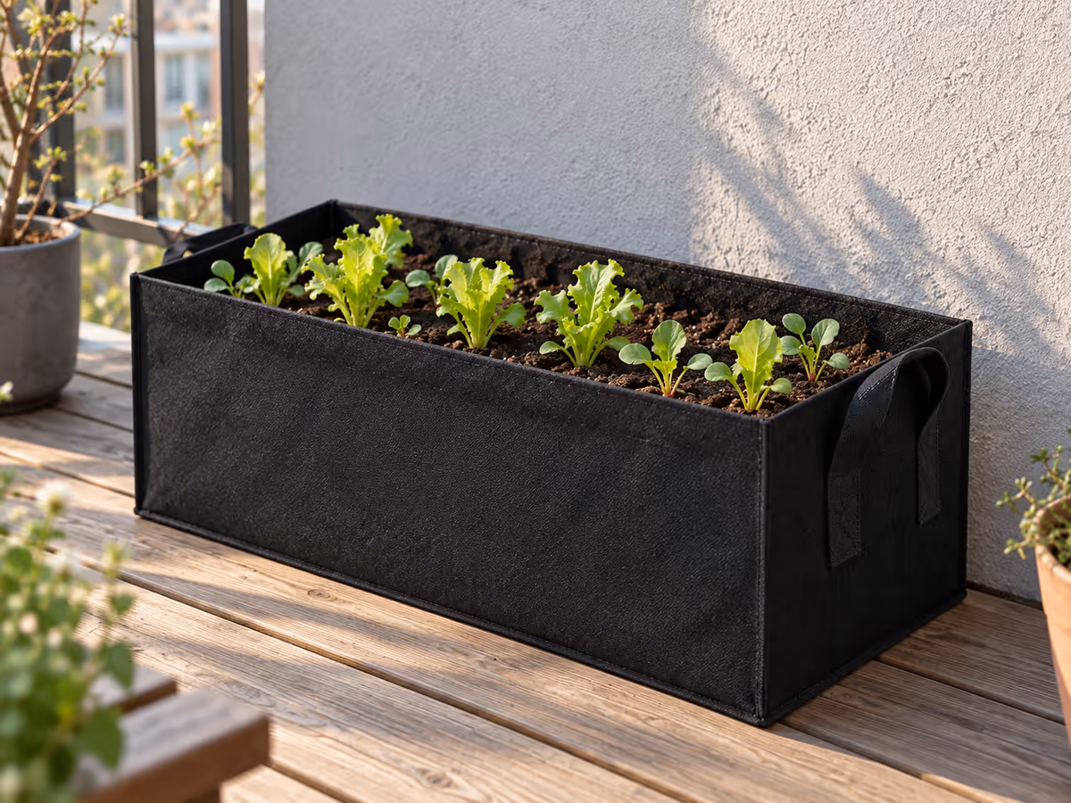 Jeunes pousses de salades vertes émergeant du terreau dans un contenant noir rectangulaire