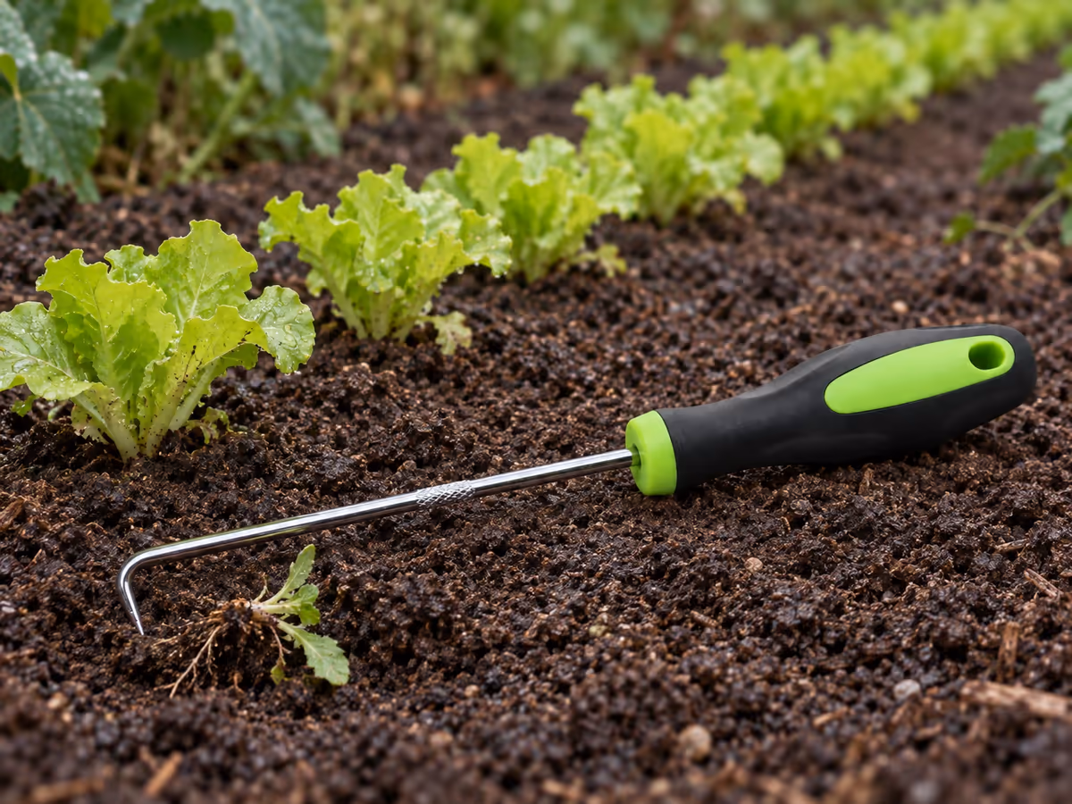 Crochet extracteur de racines couché sur une terre humide, le long d'un rang de jeunes salades dans un potager