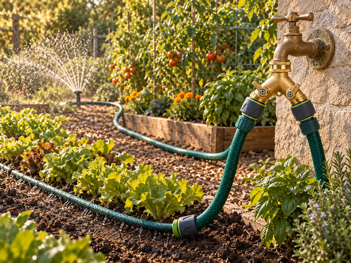 Deux lignes d'arrosage fonctionnant simultanément dans un potager d'été.