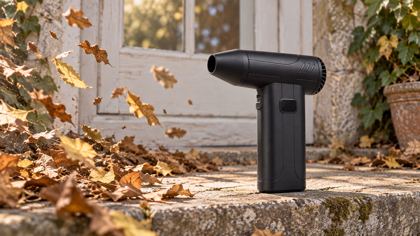 Mini souffleur de feuilles rechargeable noir en action sur un seuil de porte par temps sec