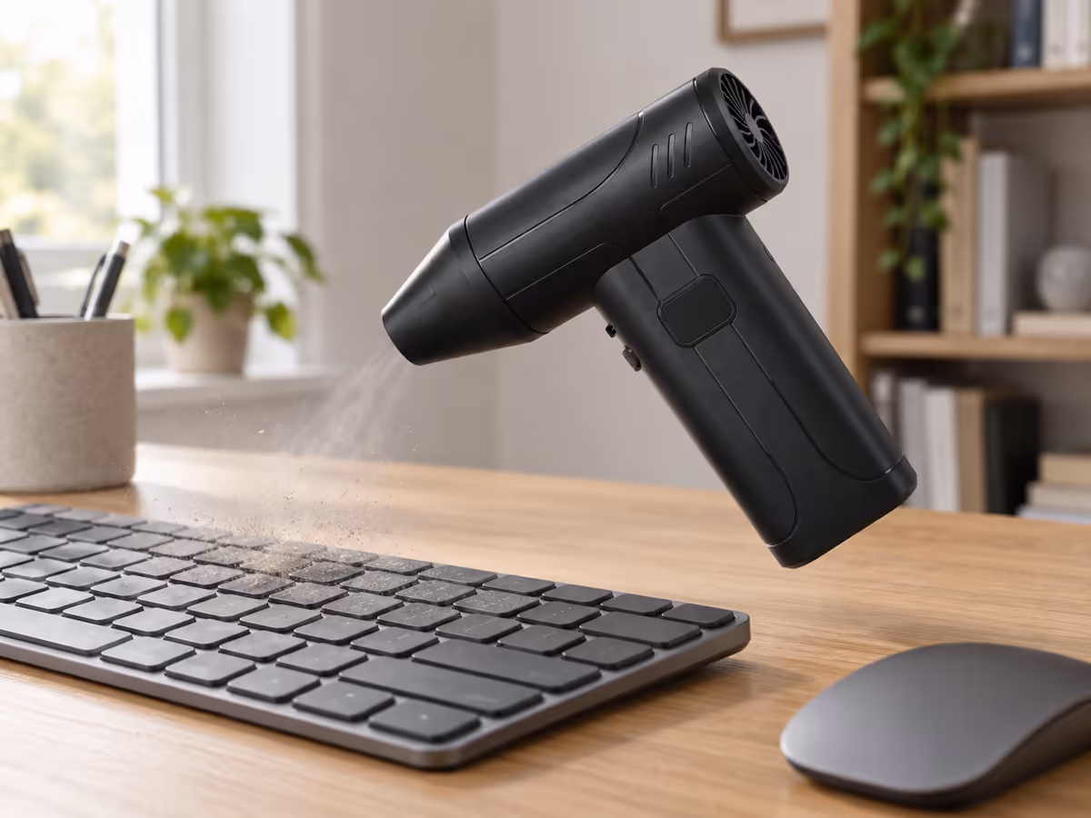 Mini souffleur tenu au-dessus d'un clavier d'ordinateur pour en chasser la poussière