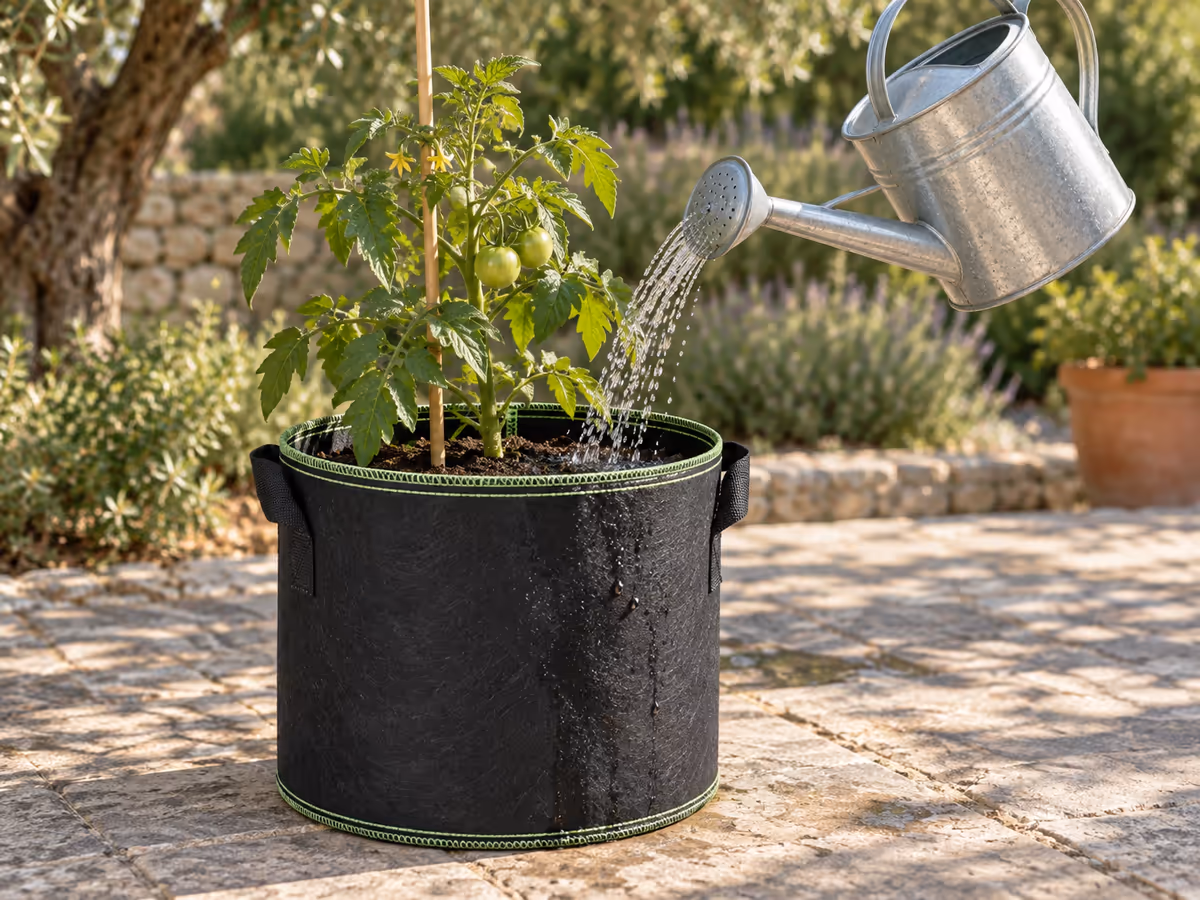 Arrosage manuel d'un jeune plant de tomate dans un sac de culture noir