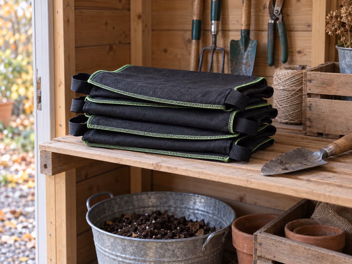 Sac de culture vidé et plié pour le stockage hivernal dans un abri de jardin