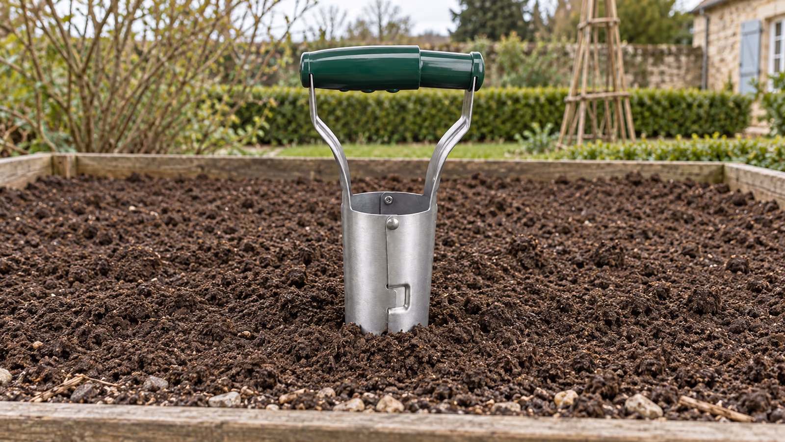 Planche de potager ameublie et émiettée, prête à recevoir un jeune plant au printemps