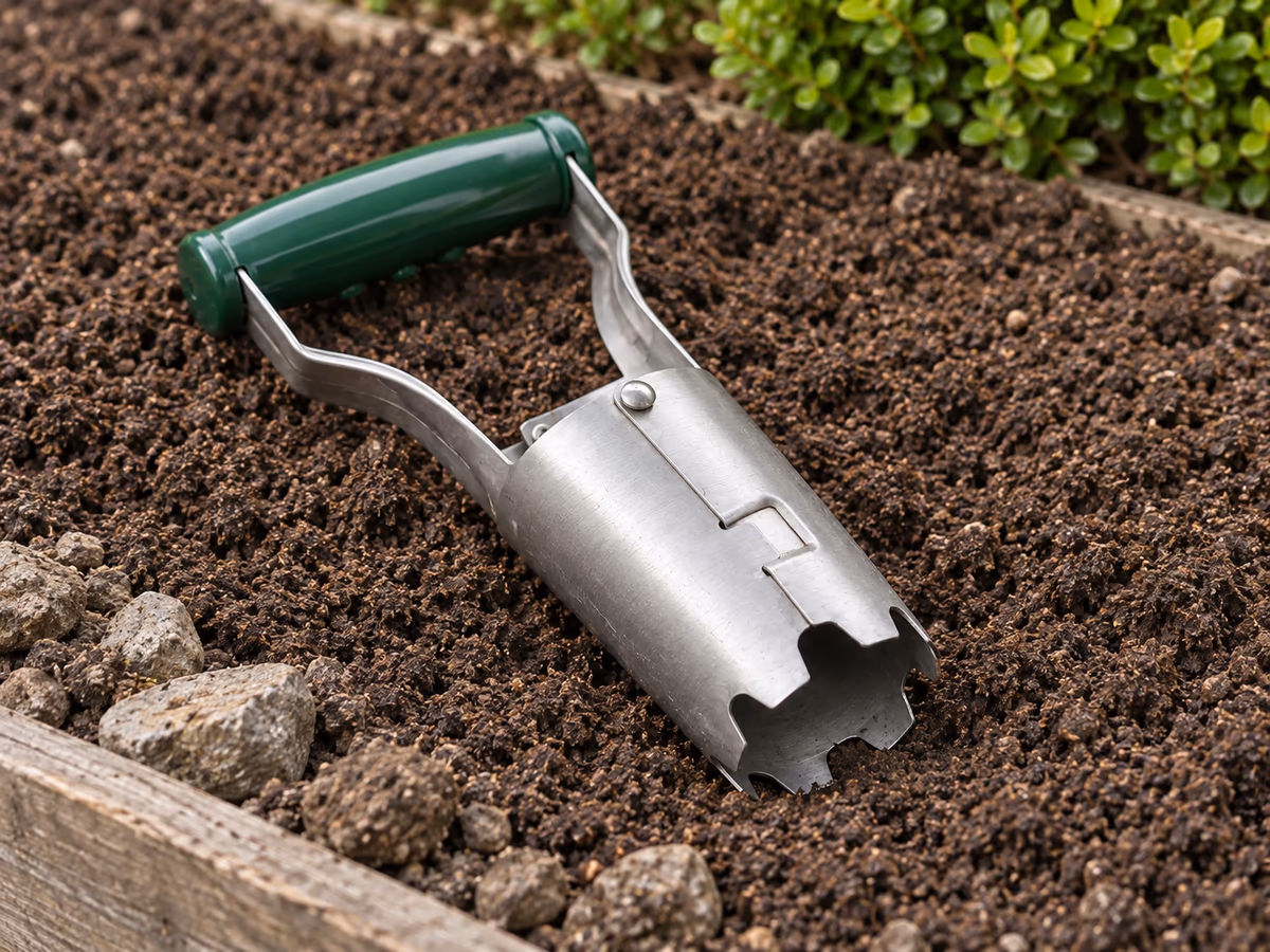 Planche de potager fraîchement griffée, terre fine et cailloux retirés sur le côté