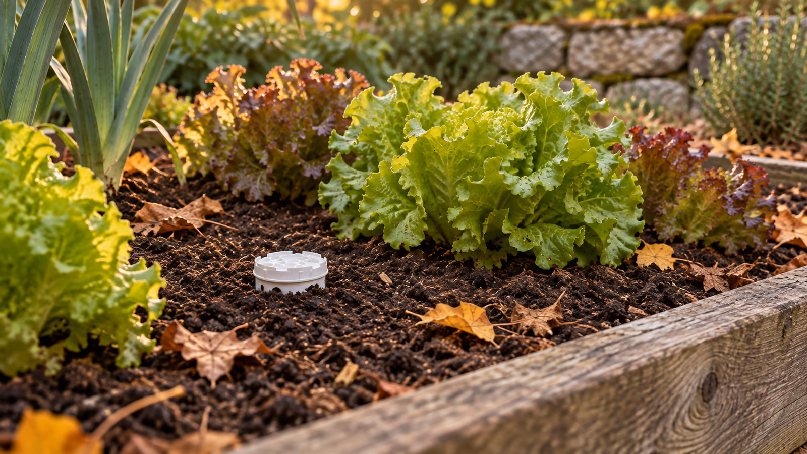 Lombricomposteur extérieur enterré au ras du sol dans une planche de potager, couvercle blanc affleurant entre deux rangs de salades