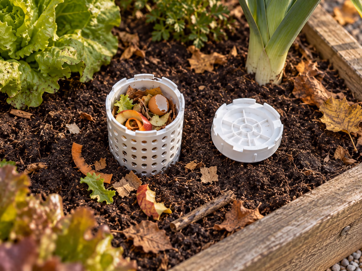 Couvercle à baïonnette posé sur la terre, épluchures de légumes et carton déchiré dans le bac enterré ouvert