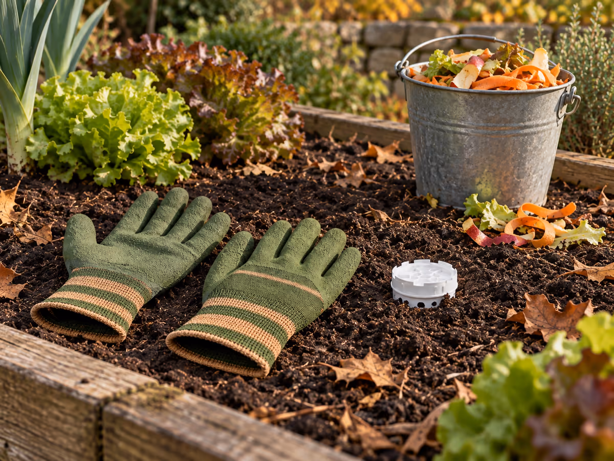 Gants de jardinage posés au bord d'un bac enterré affleurant la terre, à côté d'un seau d'épluchures