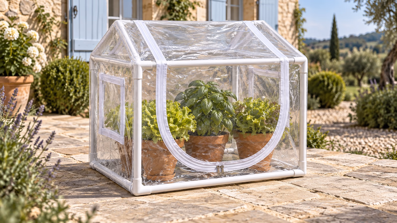 Mini serre transparente à armature blanche posée sur une terrasse, pots de laitue et de basilic alignés à l'intérieur