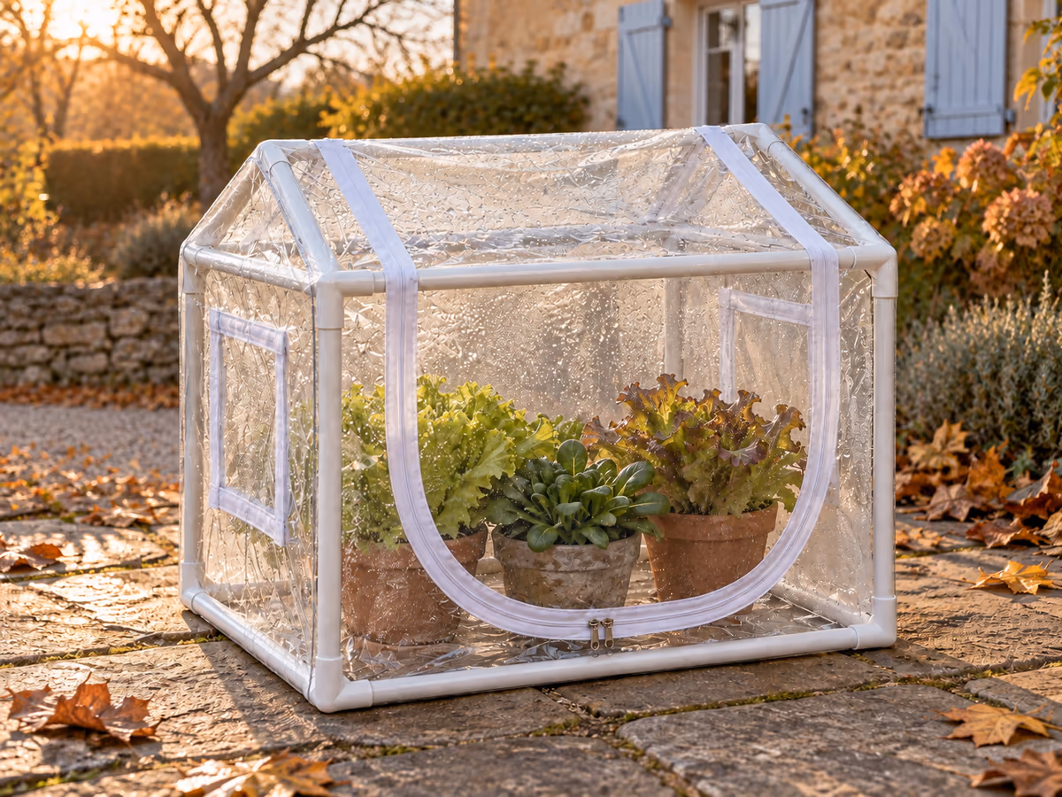 Pots de salades d'automne sous une housse transparente, gouttes de condensation sur la paroi