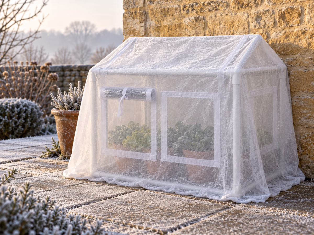 Abri transparent recouvert d'un voile non tissé blanc un matin de gelée, pots serrés contre un mur