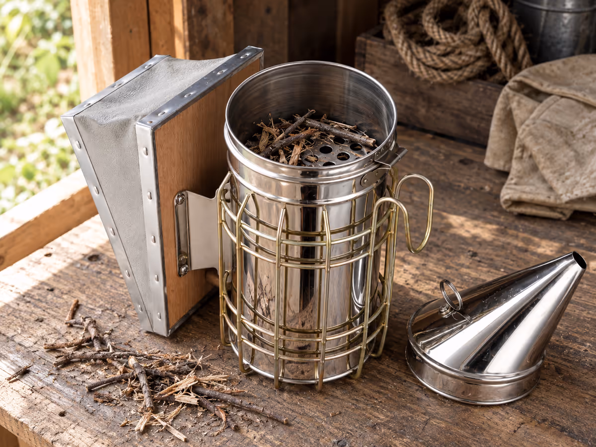 Enfumoir inox ouvert sur une table de cabanon, couvercle conique posé à côté, poignée de broussaille sèche au fond du fût et grille perforée visible