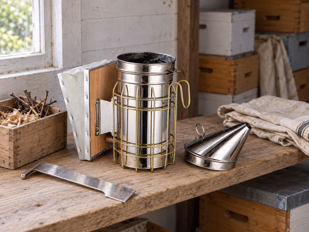 Enfumoir inox refroidi posé sur une étagère de local de rucher, couvercle retiré et grille brossée, à côté d'un lève-cadre et d'une caisse de copeaux