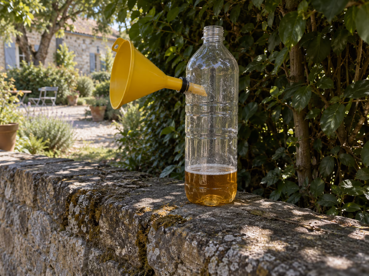 Bouteille plastique transparente debout sur un muret de pierre à mi-ombre, entonnoir jaune fixé sur son flanc, fond de bière ambrée