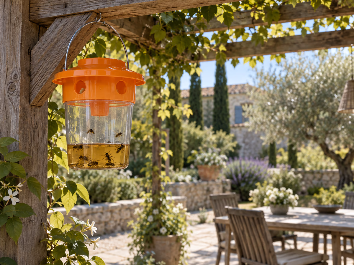 Piège à guêpes transparent à couvercle orange pendu par une anse métallique à l'angle d'une pergola en bois, table de jardin floue au loin