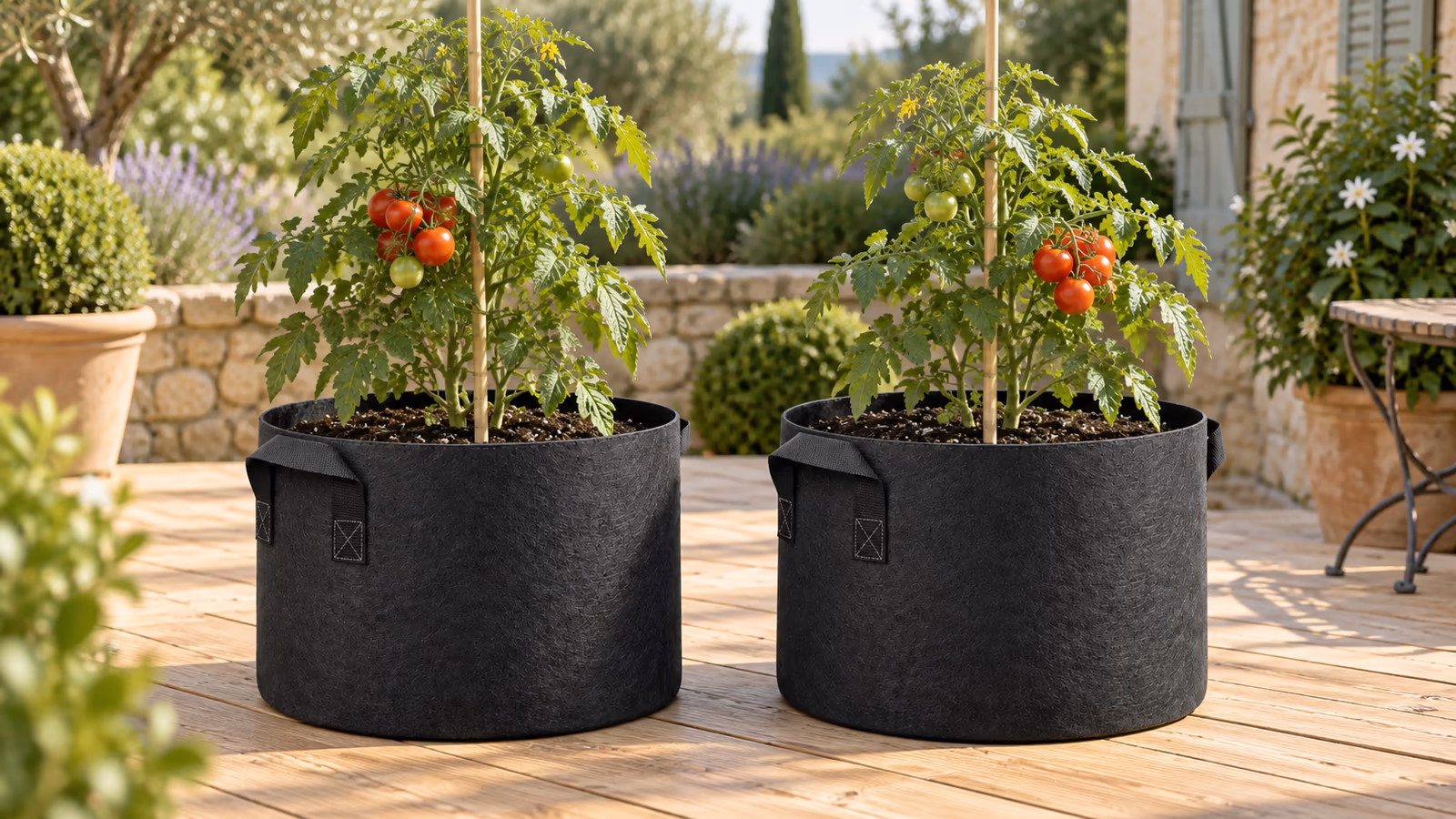 Deux sacs de culture en textile noir posés sur une terrasse en bois clair, plants de tomates tuteurés et substrat humide