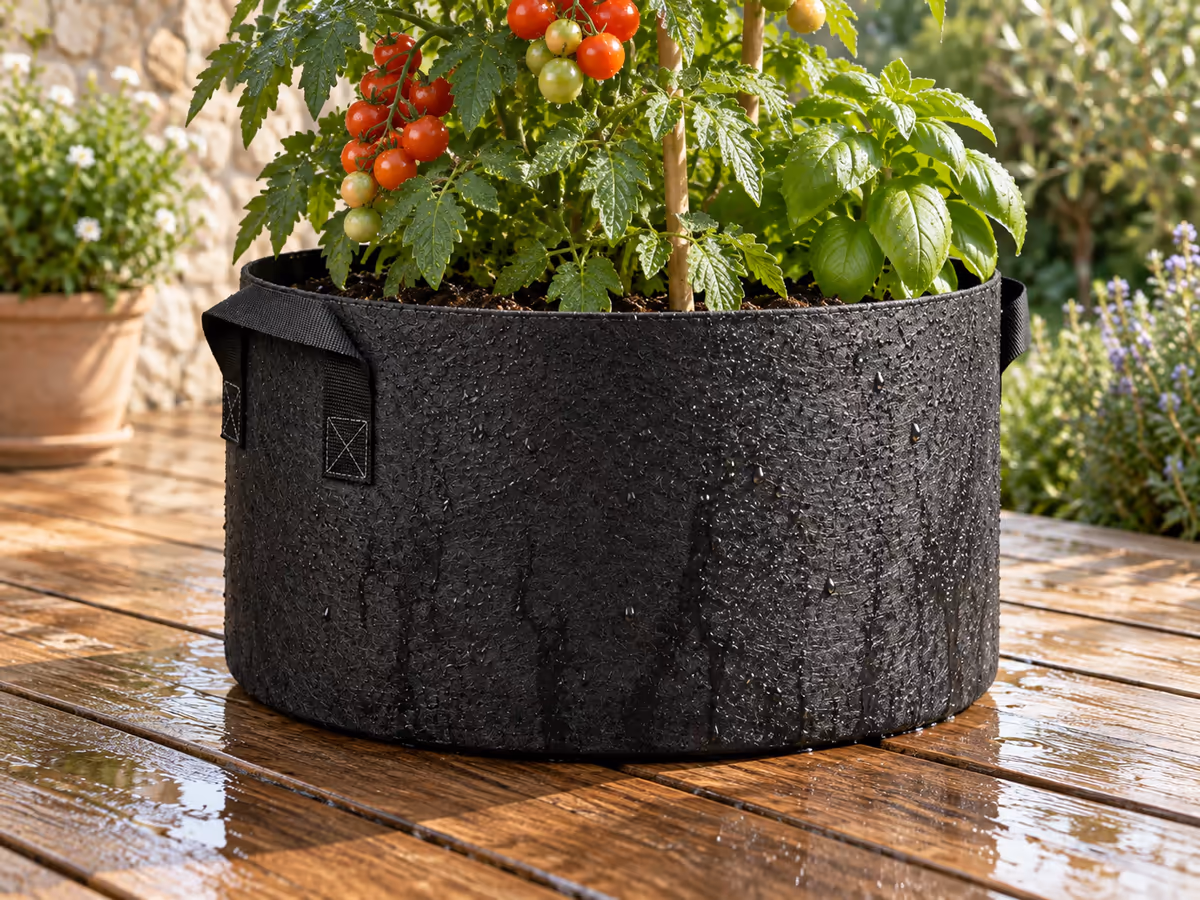 Gouttes d'eau perlant sur la paroi d'un sac de culture en textile noir, terrasse en bois mouillée en dessous