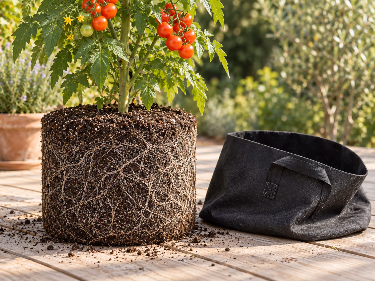 Sac de culture en textile noir ouvert, chevelu racinaire dense réparti dans les trente centimètres de substrat