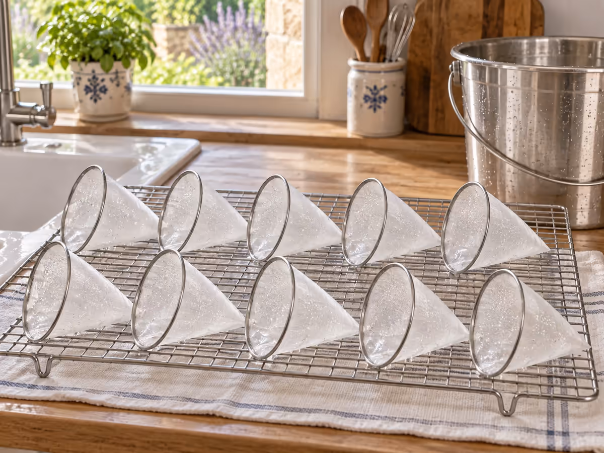 Lot de dix passoires coniques à maille blanche rincées à l'eau tiède et étendues à plat sur un égouttoir de cuisine, anneaux en acier visibles au bord, près d'un seau de récolte