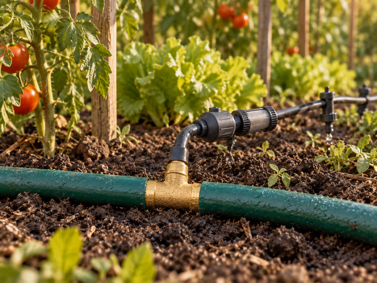 Détendeur de pression monté sur une ligne de micro-irrigation noire, après un raccord laiton, dans un potager