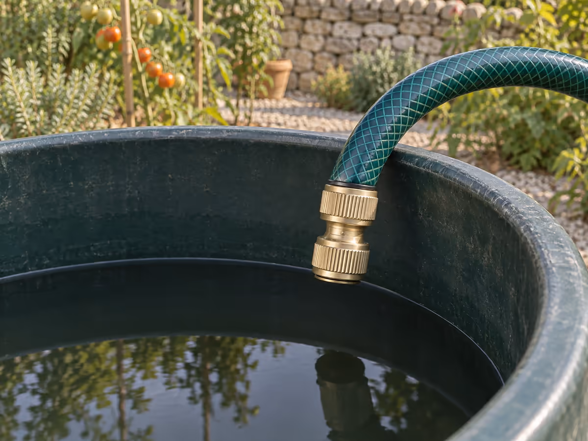 Extrémité d'un tuyau d'arrosage équipé d'un raccord en laiton, tenue au-dessus d'un récupérateur d'eau, écart visible