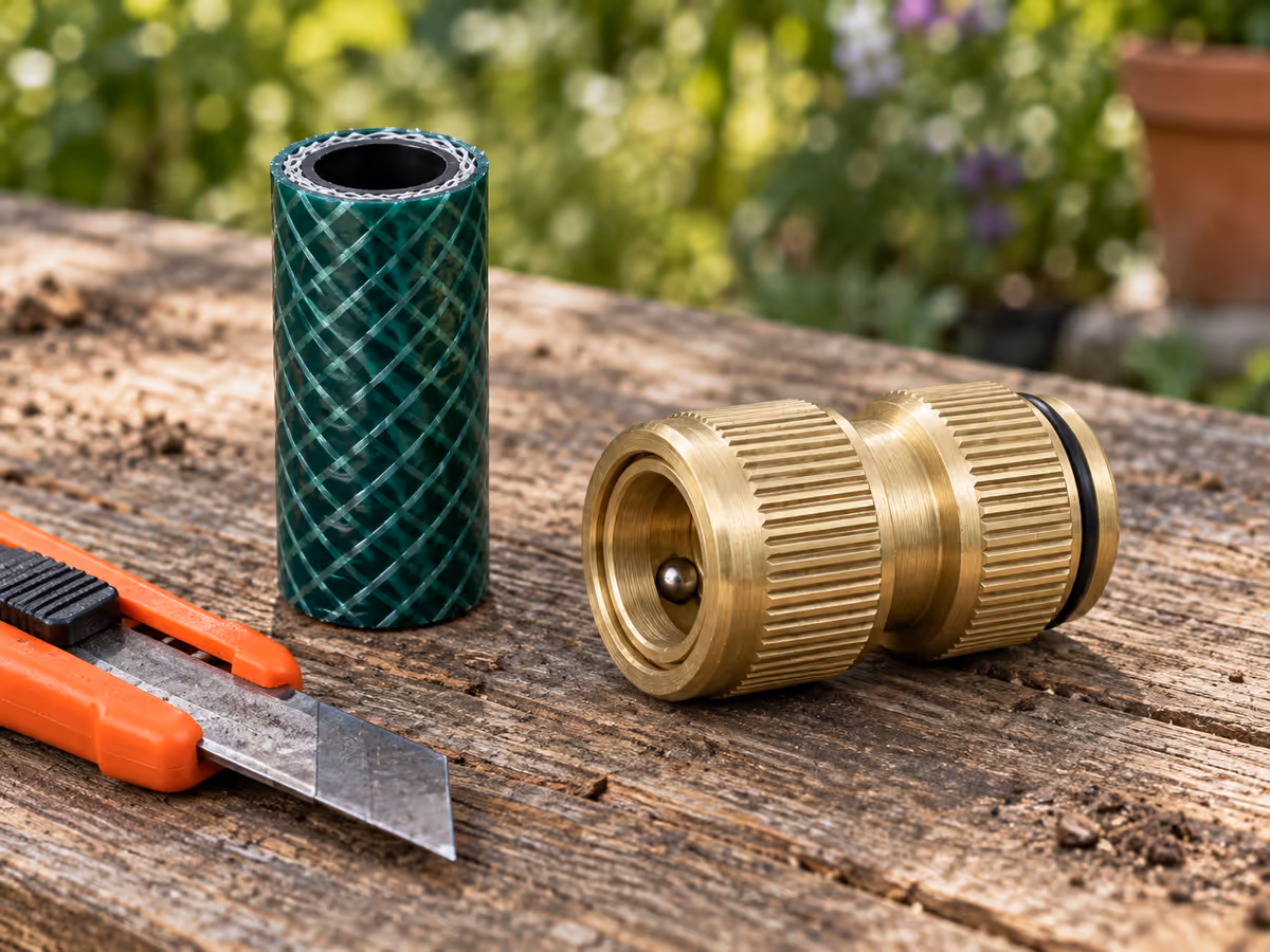 Extrémité de tuyau d'arrosage vert recoupée bien droite, cutter reposant sur une planche de bois à côté du raccord