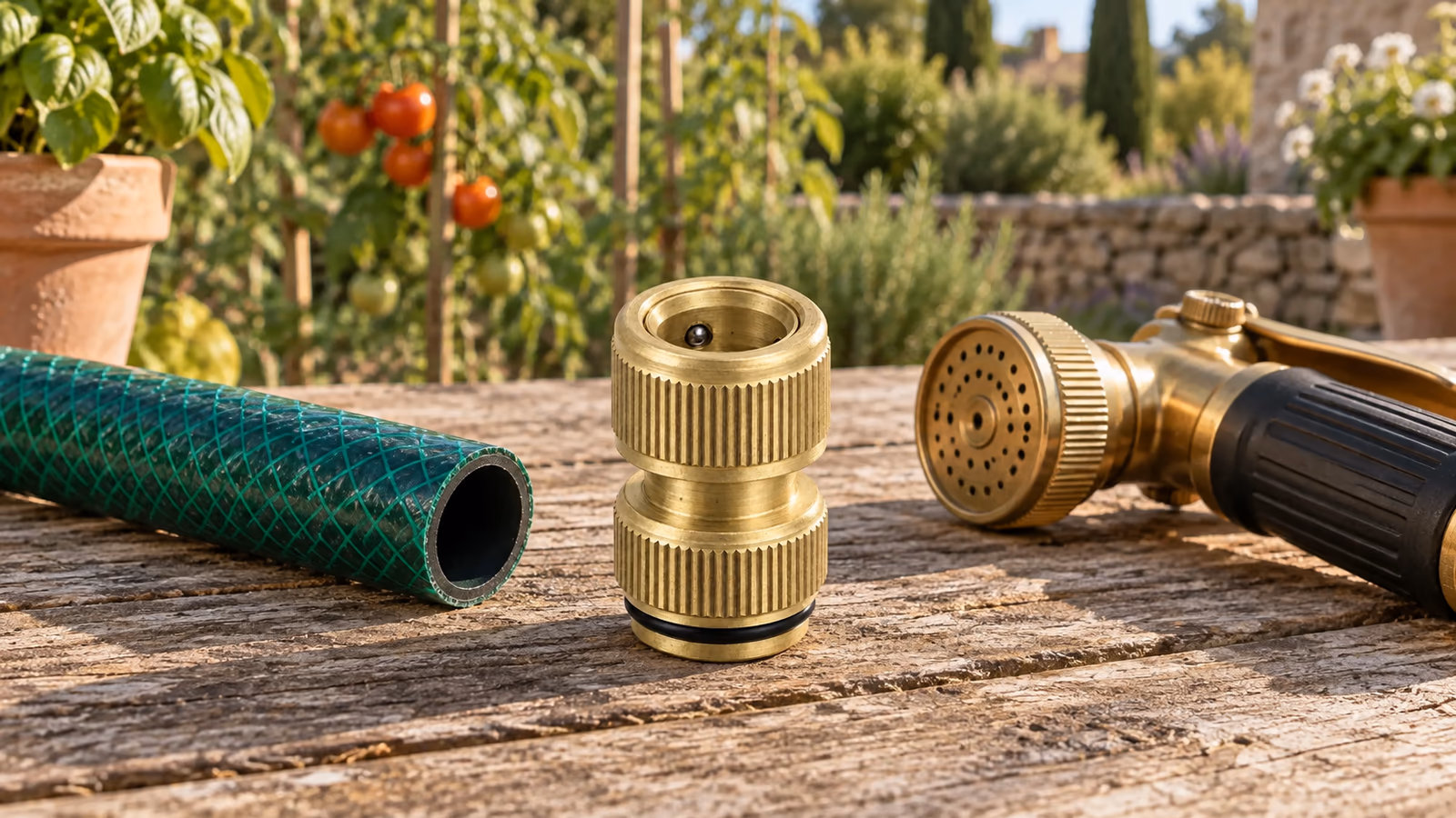 Raccord rapide en laiton pour tuyau 19 mm posé sur une table de jardin en bois, à côté d'un tuyau vert coupé net et d'un pistolet d'arrosage