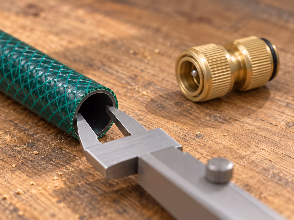 Tronçon de tuyau d'arrosage vert de 19 mm posé à plat sur un établi en bois, extrémité coupée net et pied à coulisse ouvert sur l'ouverture intérieure