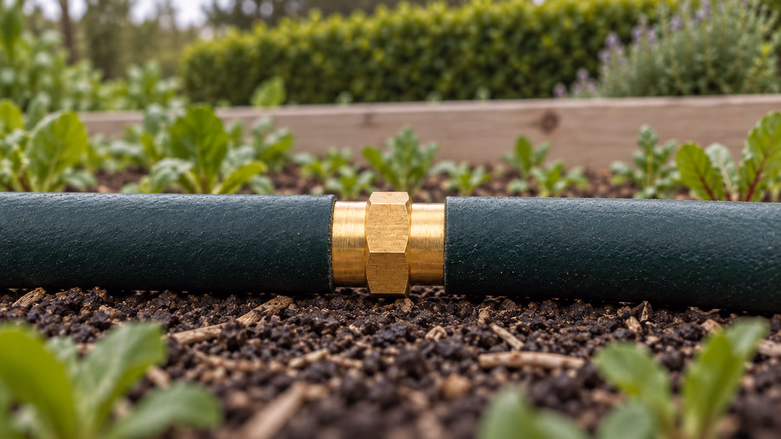 Deux tuyaux d'arrosage verts de 19 mm réunis par un manchon en laiton massif sur la terre d'un potager