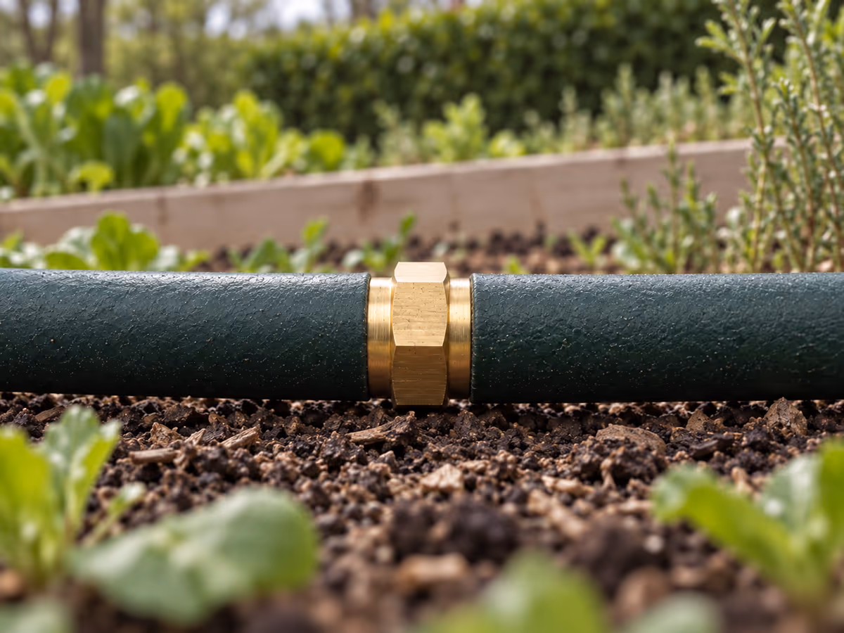 Tuyau d'arrosage réparé au milieu du jardin grâce au manchon laiton