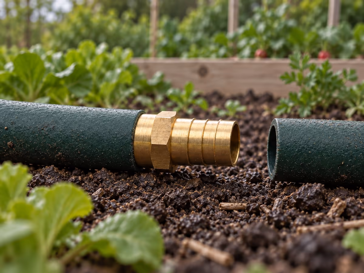 Gros plan sur un tuyau d'arrosage vert de 19 mm de diamètre couché sur la terre humide d'un potager