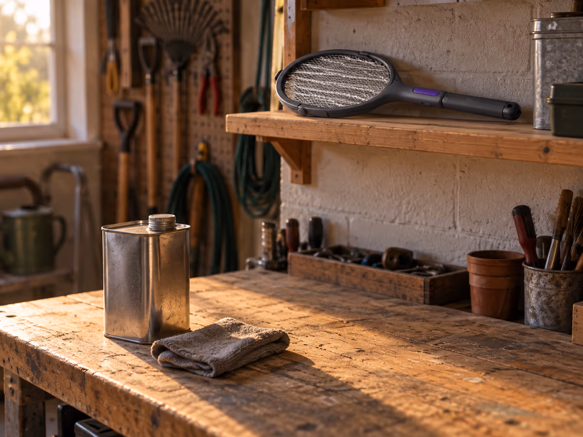 Établi de garage en fin de journée, flacon de solvant fermé et raquette anti moustique rangée sur une étagère à distance