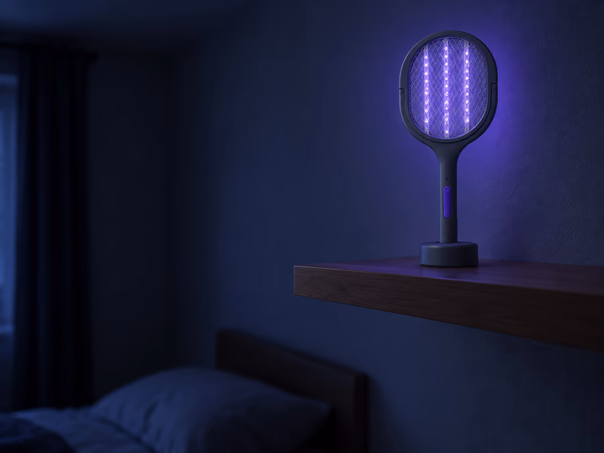 Raquette anti moustique posée sur son socle au bord d'une étagère, grille violette allumée, chambre en pénombre