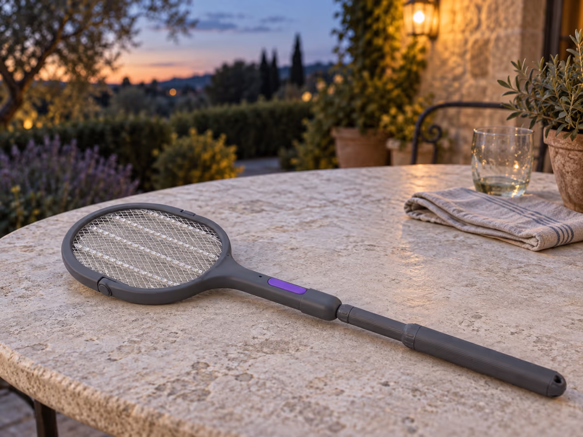 Raquette anti moustique couchée sur une table de terrasse en pierre, nappe en lin repliée à l'écart, fin de soirée d'été