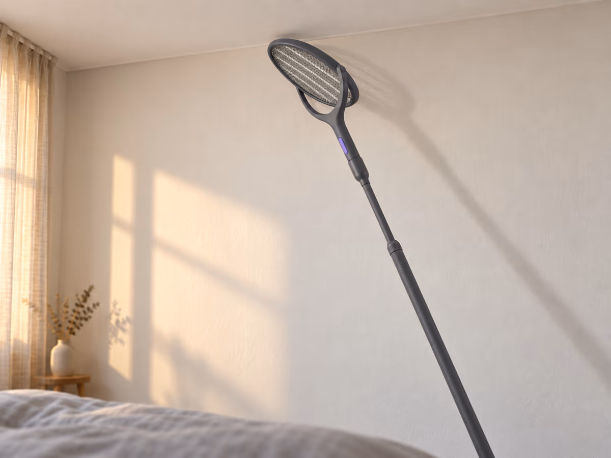Raquette anti moustique déployée sur ses deux sections, tête ovale orientée vers la jonction d'un mur clair et d'un plafond, chambre en fin de journée