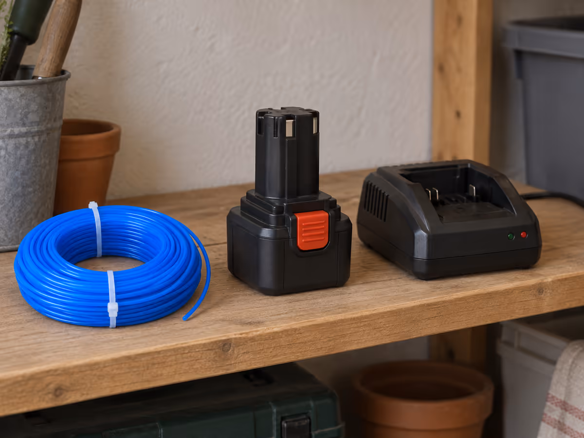 Batterie de coupe-bordure posée debout sur une étagère intérieure, à côté de son chargeur, lumière douce