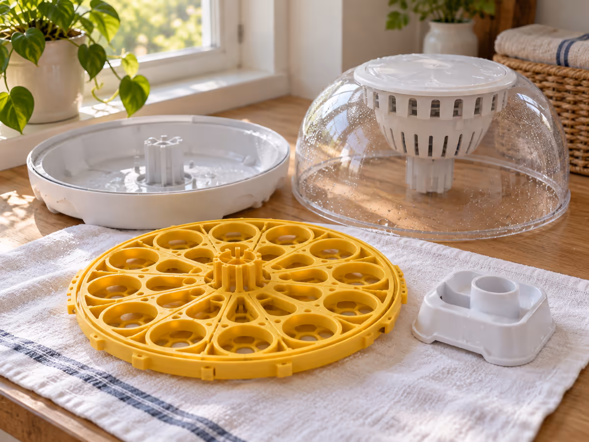 Plateau à cases et bac à eau en plastique lavés, posés à sécher sur un linge propre près de la couveuse ouverte