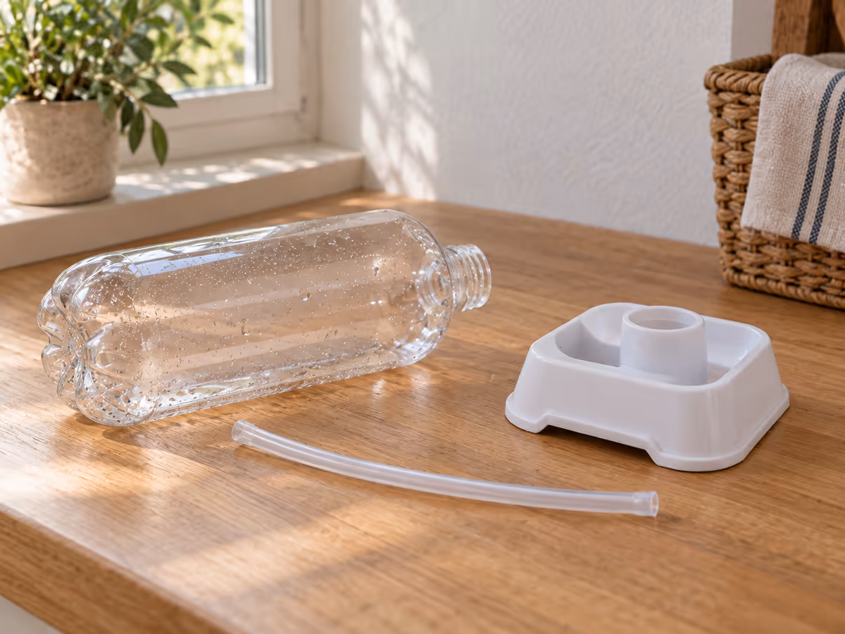 Bouteille d'appoint transparente et tuyau souple rincés, séchant à l'air libre à côté du bac à eau vide