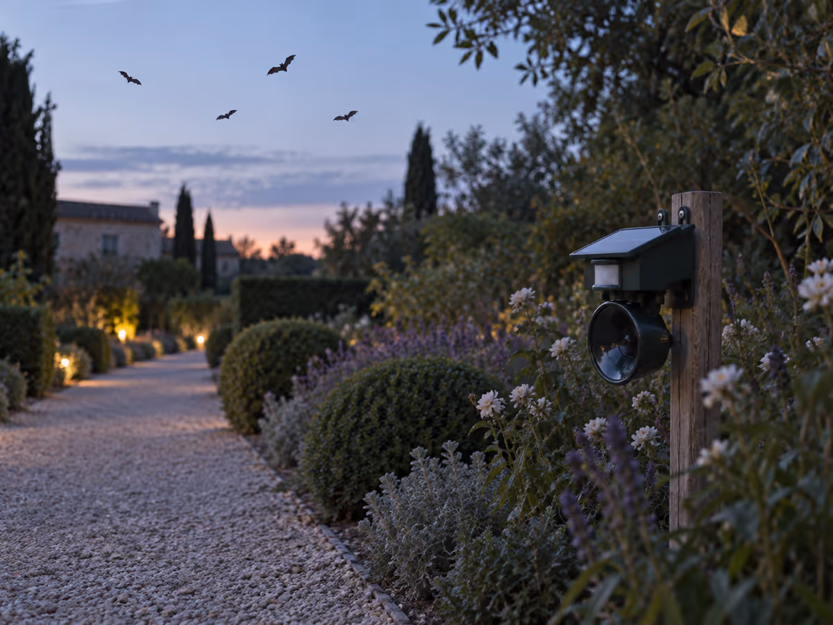 Chauves-souris en vol au crépuscule au-dessus d'une allée de jardin bordée de massifs, boîtier répulsif vert planté plus loin à contre-jour