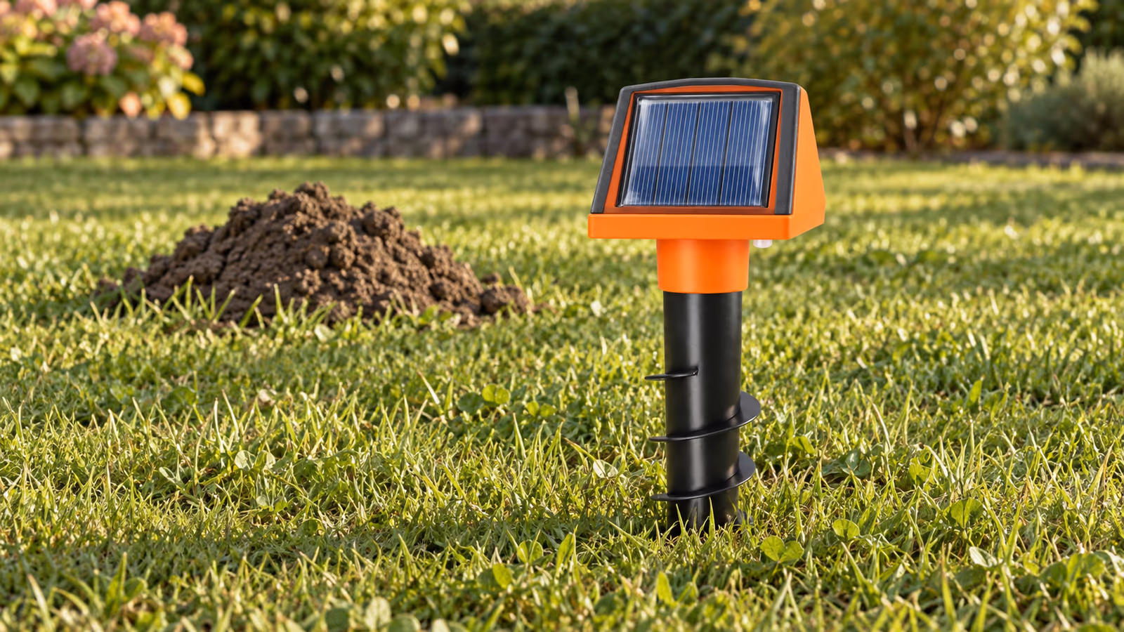 Tube répulsif solaire noir vissé dans une pelouse, boîtier orange au-dessus du gazon, taupinière fraîche à quelques pas