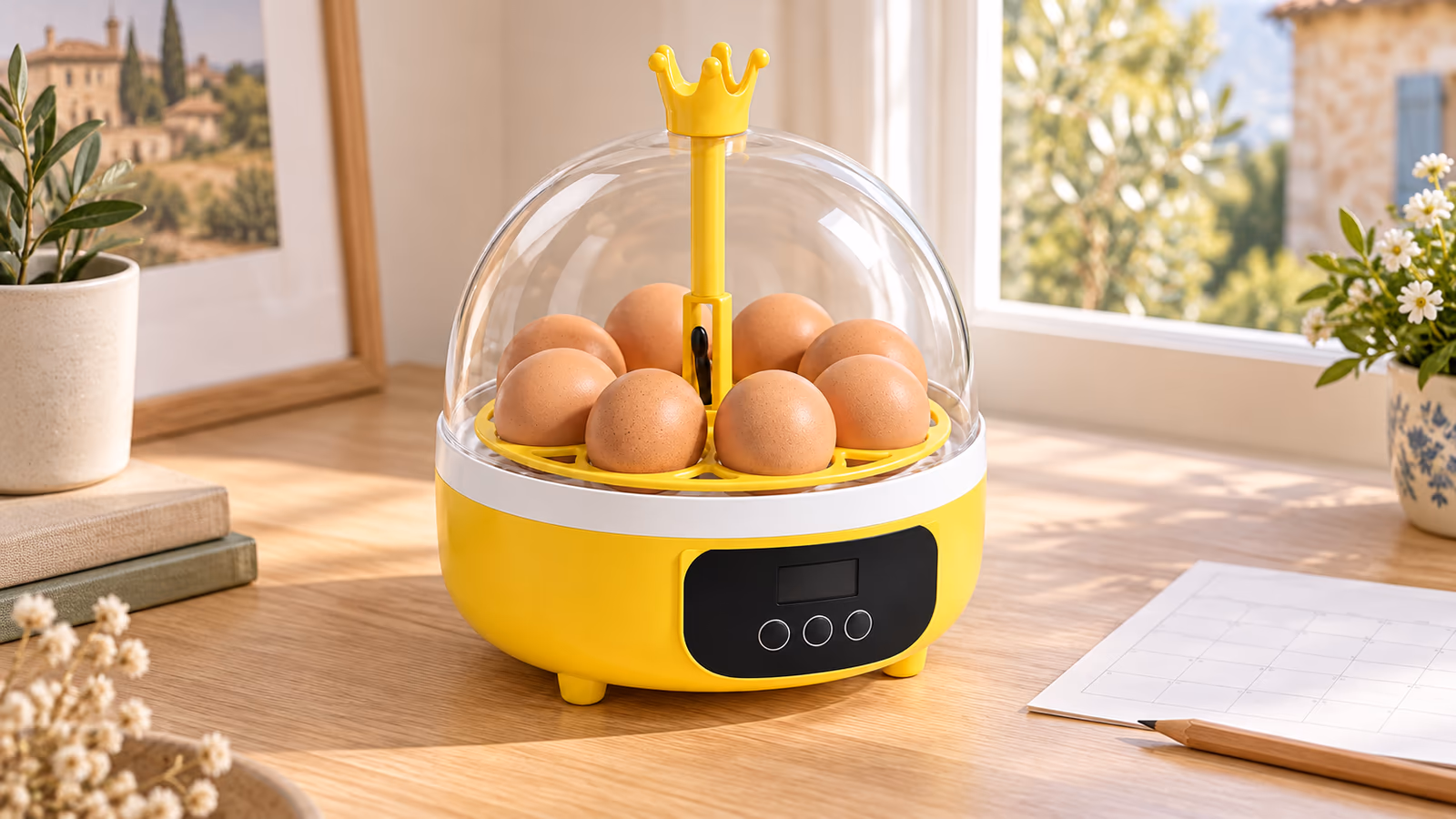 Couveuse compacte à dôme transparent et base jaune posée sur un bureau, huit oeufs bruns sur le plateau, feuille de calendrier à côté